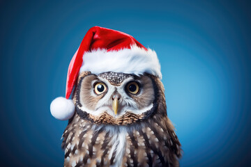Owl is wearing a Christmas hat. Posing on blue background, funny looking. Celebrating Christmas concept.