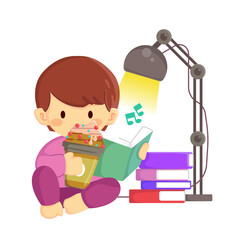 Cute little boy sipping coffee while reading a book