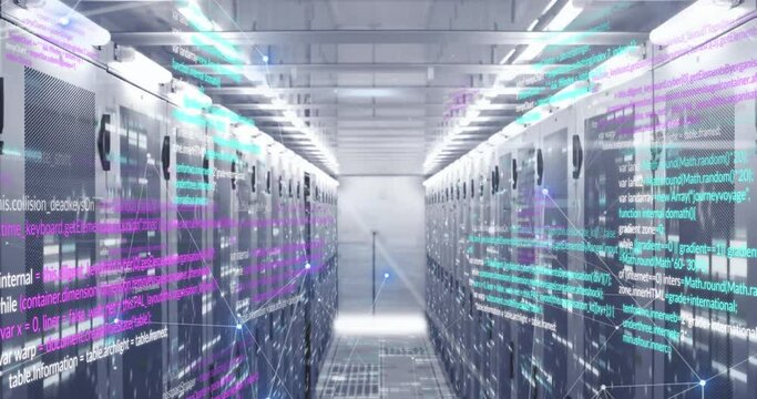 Animation of connected dots and computer language over data server racks in server room