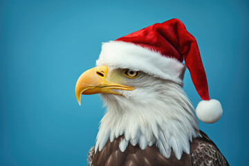 Bald eagle is wearing a Christmas hat. Posing on blue background, funny looking. Celebrating Christmas concept.