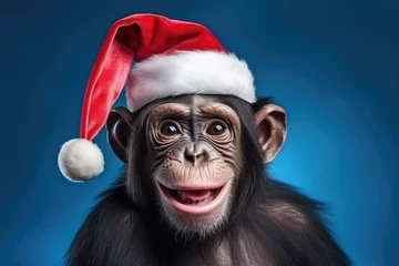 Tuinposter Adorable Young Chimpanzee smiling wearing a Christmas hat. Posing on blue background, funny looking. Celebrating Christmas concept. © fogaas