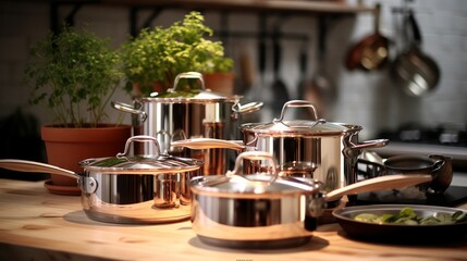 Obraz na płótnie Canvas Set of aluminum cookware on kitchen counter generative ai
