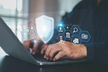 Naklejka premium Cyber security data protection online computer network and personal privacy user access key protect and hacker cybercrime prevent or safety storage cloud transfer sharing financial internet banking