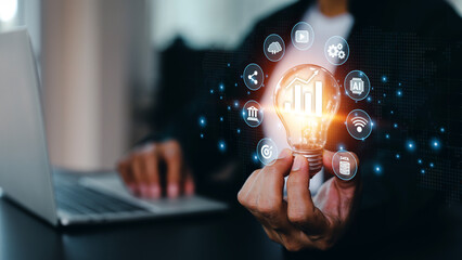 Digital marketing with graph and social media technology for growth planning or internet mobile banking bill payment or online shopping or financial cyber security and customer service concept.