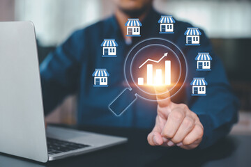Fototapeta premium Franchise business e-commerce online e-marketplace or digital marketing branch expansion for growth or use technology to analyze product consumer data website management plan for sale service concept.
