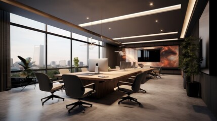 Modern meeting room with some laptops in Sky building