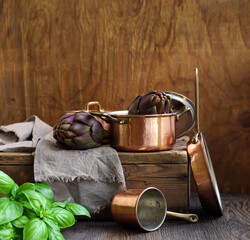 copper cookware saucepan ladle frying pan rustic style