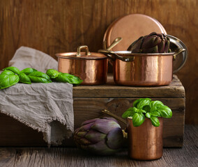 copper cookware saucepan ladle frying pan rustic style