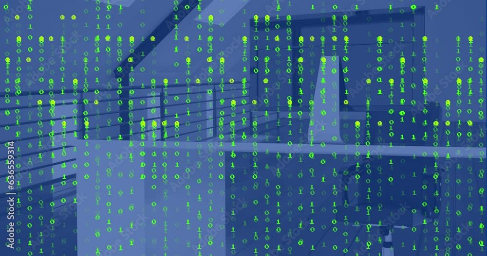 Poster animation of green falling binary codes over desktop and unoccupied chair in office