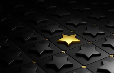 Glowing Gold Star Shining among Black Stars Leadership and Success Concept. - obrazy, fototapety, plakaty