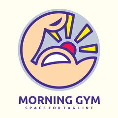 Body Builder bicep with a Rising Sun Good Morning Gym concept Vector Logo