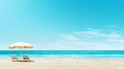 Summer banner with sea beach background. Vacation wallpaper, postcard, card, backdrop. Generative AI