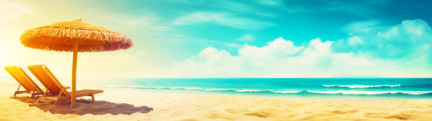 Fototapeta na wymiar Summer banner with sea beach background. Vacation wallpaper, postcard, card, backdrop. Generative AI