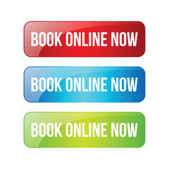 Book Online Now Badge, Banner, Icon, Sign, Symbol, Booking Now Online, Glossy Book Now Button, Push Button, 3D Realistic Badge Design Vector Illustration With Gel Glass