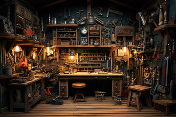tool workshop scene hanging on wall in workshop, shelving with table and wall, vintage garage style