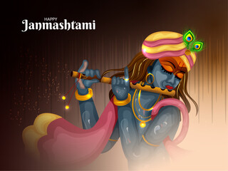 Happy Krishna Janmashtami. Beautiful Vector Illustration of Lord Krishna playing flute, Indian festival celebration background.