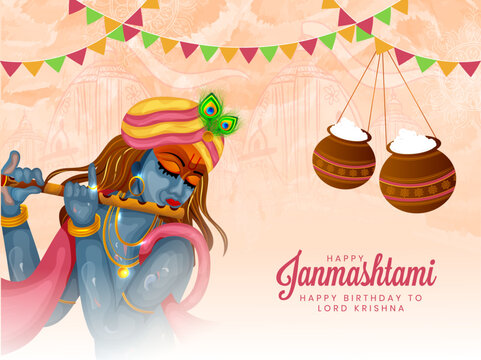 Beautiful vector illustration of Lord Krishna and dahi handi celebration background for Happy Krishna Janmashtami.