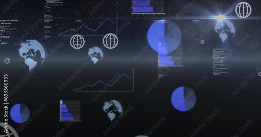 Poster animation of multiple graphs, globes and computer language over stars in space