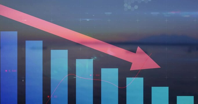 Animation of arrow on falling bar graph with lens flares over sea against sky