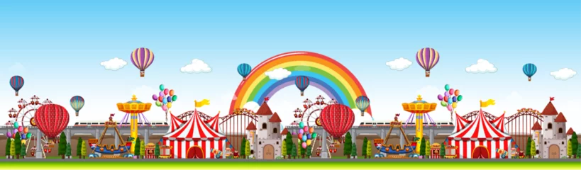 Tuinposter Carnival funfair, amusement park with circus tent, roller coaster, carousel and ferris wheel. Vector cartoon illustration of summer landscape with attractions and balloons © Kowshik
