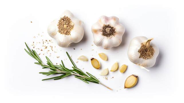 garlic with rosemary and peppercorn isolated on white background.