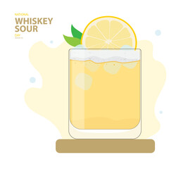 National Whiskey Sour Day on august 25 with vector illustration a glass of whiskey sour, lemon, ice cube and leaf on the podium and text isolated on white background for commemorate and celebrate.