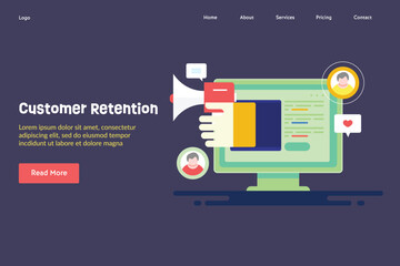 Customer communication reaching out online audience hand with megaphone social media marketing e-business technology web banner vector template.