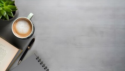 Office Desk with Stationary, Plant, Notepad, Coffee and Pen Background with Space for Copy