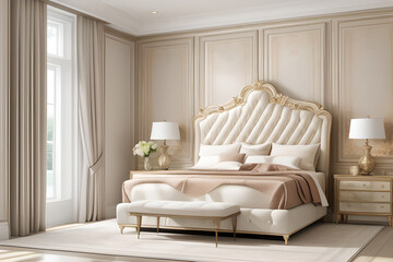Mockup king size bed in luxury Hampton style bedroom interior. Luxury house