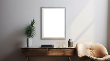 Mockup, hölzernes Bilderrahmen-Modell an der Wand im modernen Interieur. Grafikvorlage für Kunstwerke, Gemälde, Fotos oder Poster in der Innenarchitektur, generative AI	
