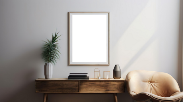 Mockup, hölzernes Bilderrahmen-Modell an der Wand im modernen Interieur. Grafikvorlage für Kunstwerke, Gemälde, Fotos oder Poster in der Innenarchitektur, generative AI	
