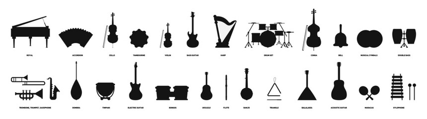 Set of silhouettes of musical instruments. Guitar, piano, violin, drums, etc. Vector illustration - obrazy, fototapety, plakaty