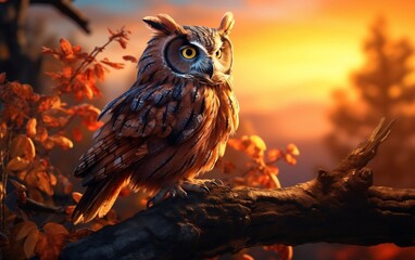 Owl Sitting on a Branch in the Forest. AI