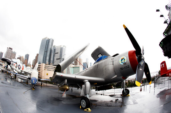 New York, United States - August 5, 2023: Douglas XBT2D-1 Dauntless II military aircraft on flight deck of New York City's Intrepid Sea, Air & Space Museum	
