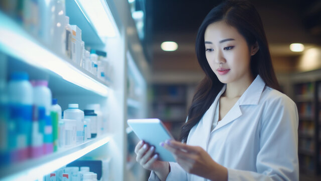 Pretty Asian woman examining drugs in a pharmaceutical company's laboratory