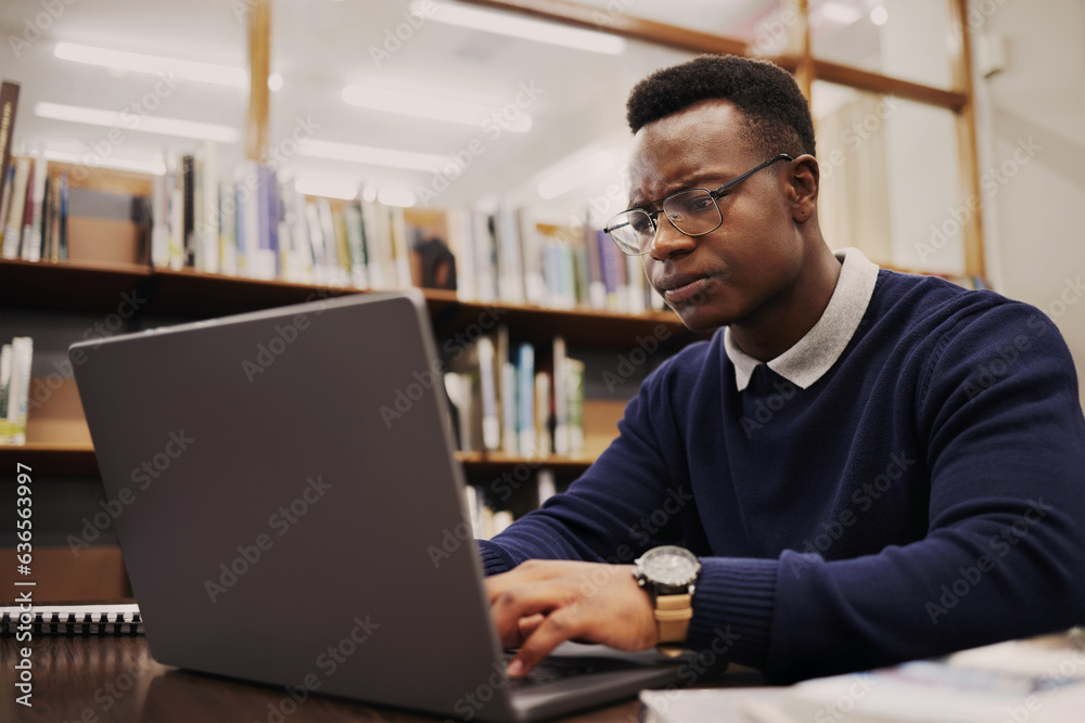 Aufkleber student, frustrated and black man typing on a laptop in university or college campus angry due to as