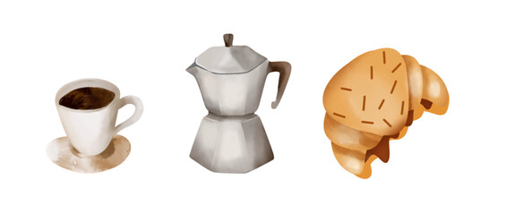 Watercolor breakfast coffee vector set. Italian mocha, espresso, croissant. Colorful printable set for banner, greeting card, poster, invitation