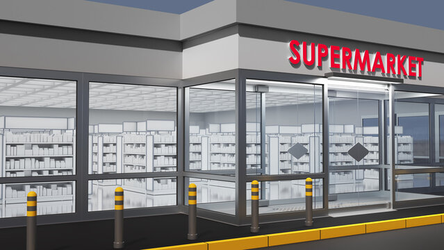 Glass entrance doors and facade of the supermarket, showcases with goods inside. 3d illustration