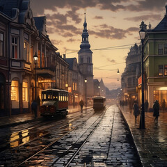 Urocze oświetlone miasteczko. Ulica po deszczu o zmroku - tramwaj, wieża, tory, kałuże, spacerujący przechodnie