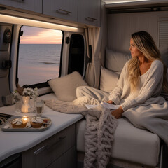 Vanliferka - solo podróżniczka w kamperze. Piękna kobieta na łóżku w przyczepie kempingowej podziwiająca zachód słońca nad morzem przez okno - zachwyt, podziw - obrazy, fototapety, plakaty