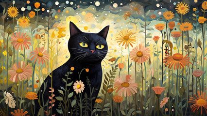 A beautiful black cat standing in a flower field in the moonlight at night and looking at a butterfly, acrylic painting