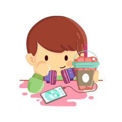 A cute little boy is looking out of the window while enjoying coffee