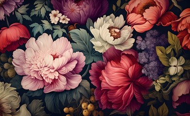Beautiful fantasy vintage wallpaper botanical flower bunch, vintage motif for floral print digital background. Generative AI. 
