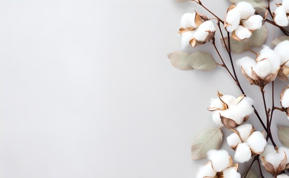 Beautiful cotton branch with copy space banner background. Generative AI.