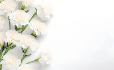 Naklejka na ściany i meble White carnations flowers on bright white pastel background top view in flat lay style. Greeting for Women's or Mothers Day or Spring Sale Banner. Generative AI. 