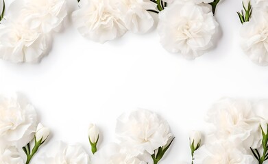 Fototapeta na wymiar White carnations flowers on bright white pastel background top view in flat lay style. Greeting for Women's or Mothers Day or Spring Sale Banner. Generative AI. 