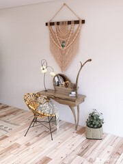 rustic solid wood dressing table with rattan chair and  flowerly gently bent lamp with soft light, macrame on the wall