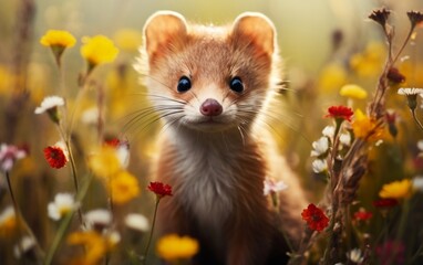 Fototapeta na wymiar Cute Weasel in the Meadow with flowers. AI