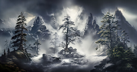 .Pine trees in an alpine landscape, mountains, rugged rocks, water, gloomy, menacing mood in desaturated colors as background, wallpaper, generative AI