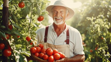 Happy senior smiling in the tomato garden, smart farming organic farm, habit time, happy moments, retirement lifestyle concept.